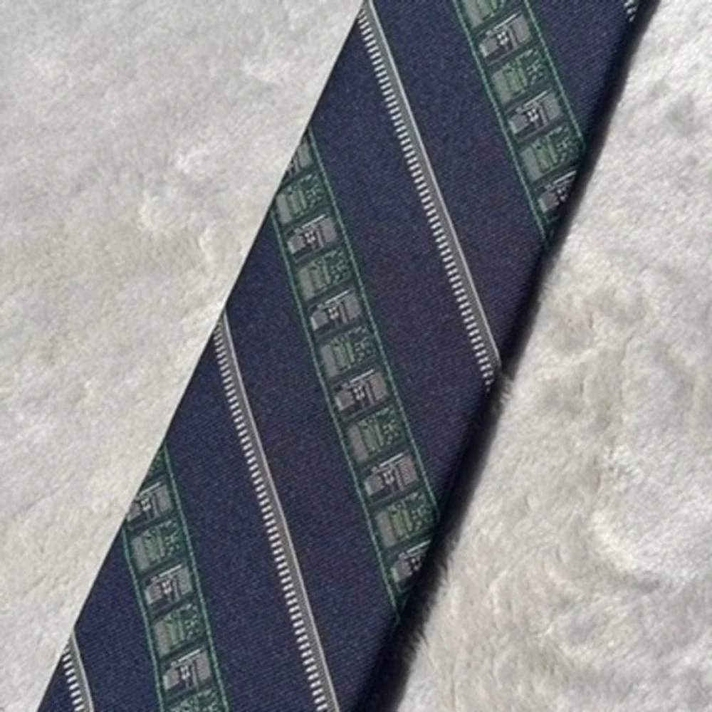 Vintage Smithsonian Navy Blue Circuit Board Tech Silk Blend Necktie Stripe
